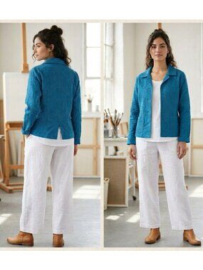 Chicos Blue Embroidered Button-Up Jacket Size 1 Cotton Blend Womens Lightweight